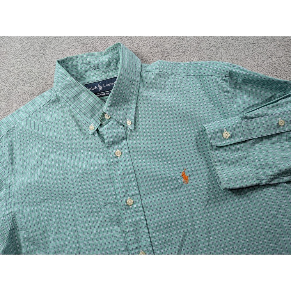 Ralph Lauren Mens L Custom Fit Button Down Shirt Green Blue Check Long Sleeve